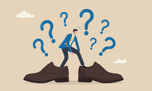 Work responsibility, right man in the right job, working skill to fit job position, anticipation to be promoted, mistake or problem concept, frustrated businessman trying to put too big shoes