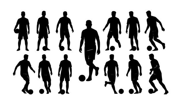 Modern soccer athlete silhouettes dribbling and standing football poses vector on white