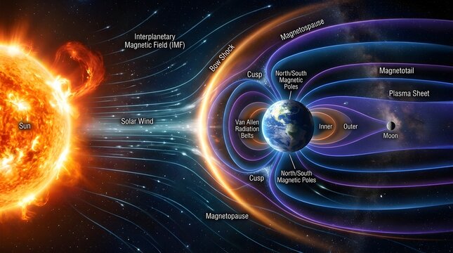 The sun impacting earth's magnetosphere demonstrating solar wind and magnetic field lines outer space celestial body solar storm