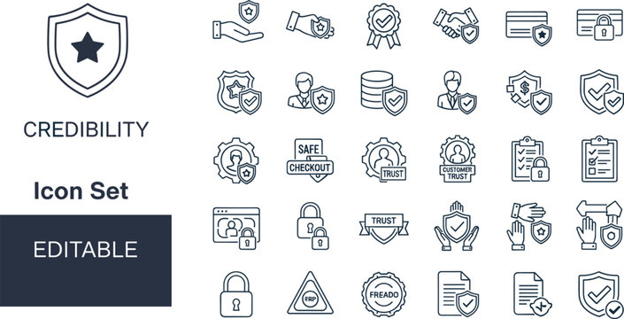 Line style credibility icon set with trust, security, and reliability symbols for business branding and 