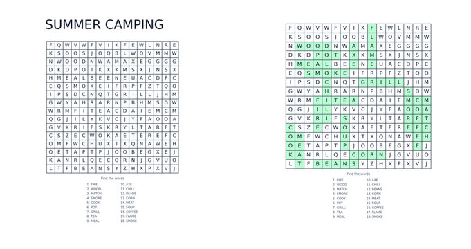 Summer camping word search puzzle with highlighted words  