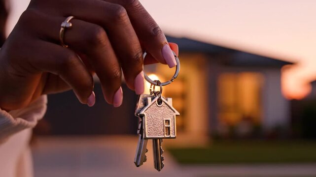 Close up of a woman holding house keys with a home shaped keychain in front of a modern suburban house at sunset