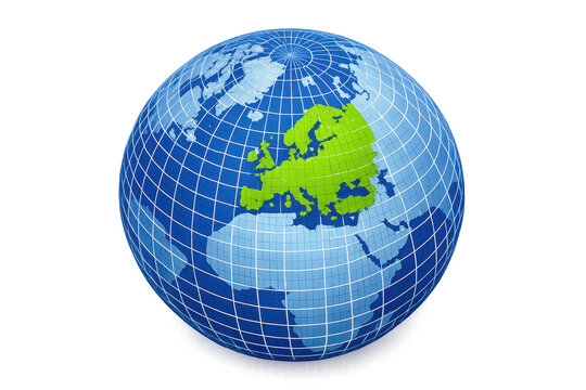 Blue 3D globe with white latitude and longitude grid, Europe highlighted in bright green, isolated PNG on transparent background for geography, travel, global business and education designs