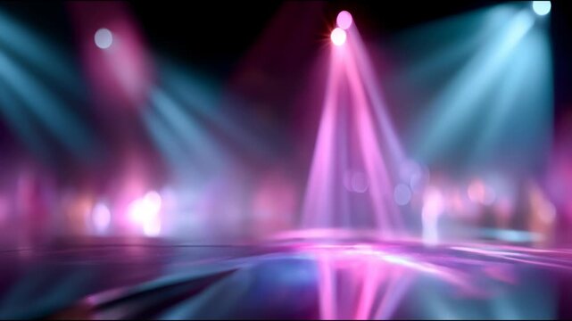 Abstract purple and blue stage lights with soft beams, reflections, and bokeh, creating a dramatic concert or theater background