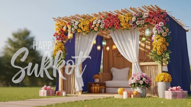 Decorated sukkah hut for Sukkot festival. Traditional Jewish booth with colorful flowers, hanging lanterns and pumpkins. Festive outdoor celebration greeting with happy Sukkot text in English