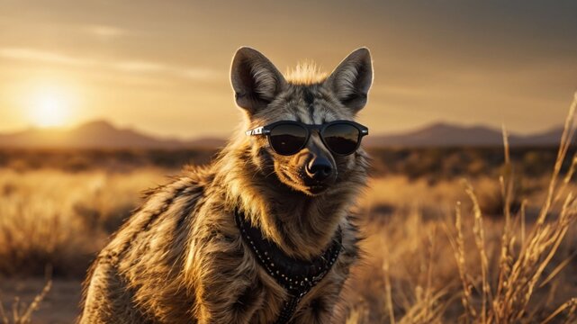 An aardwolf wearing stylish black sunglasses, standing in a golden African savanna at sunset ai
