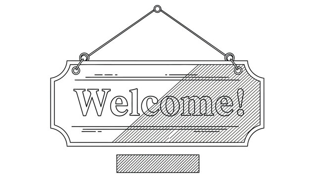 Classic welcome sign hanging on decorative wire with ornamental shape and hatched shadow detail in clean hand drawn vector style for hospitality concept.