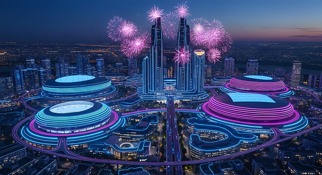 Spectacular cityscape at night with fireworks exploding over modern skyscrapers and illuminated