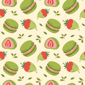 Matcha macaroons and mochi vector seamless pattern. Cartoon matcha sweets background for wallpaper, wrapping, packing, textile, print. Hand drawn illustration on light green background