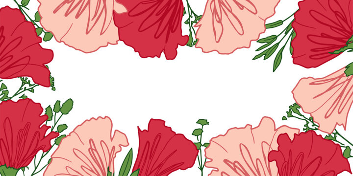 Elegant floral border frame featuring red carnations and pink blossoms with flowers border background, flower, border, frame, background, floral, carnation, blossom, bloom