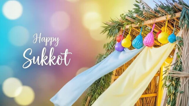 Sukkah with colorful hanging fruits and olive branches for Sukkot holiday. Jewish festival of tabernacles celebration. Autumn harvest tradition and festive decoration concept