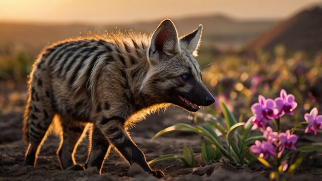 an aardwolf with colorful orchids blooming 11.jpg, an aardwolf with colorful orchids blooming  ai