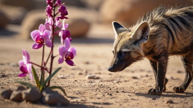 an aardwolf with colorful orchids blooming 11.jpg, an aardwolf with colorful orchids blooming  ai