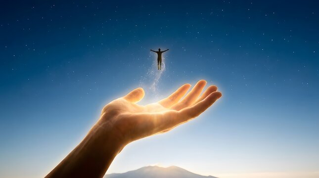 Person levitating from glowing hand into starry night sky.