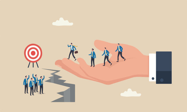 Bridging, business employee team to reach success, career progress, assistance or mentorship, giant businessman hand bridging the gap for people to progress to target