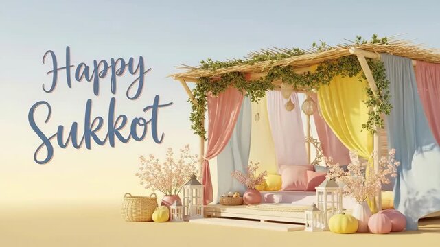 Joyful Sukkot celebration with colorful sukkah on sandy beach. Traditional Jewish holiday booth decorated with vines, fabrics, flowers, pillows and lanterns. Festive harvest festival atmosphere