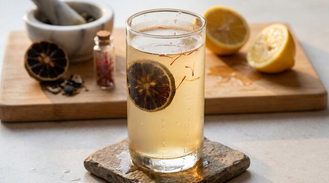 Black Lime Saffron Lemonade with Floating Loomi Slice and Golden Threads