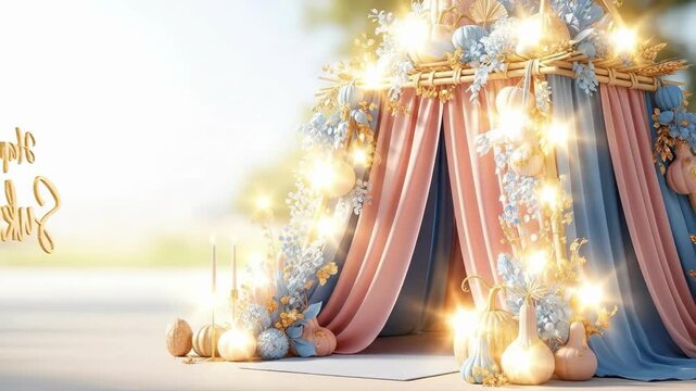 Decorated sukkah booth for Sukkot holiday celebration. Traditional Jewish festival structure with flowers pumpkins and blue pink drapes. Autumn greeting concept with Hebrew and English text