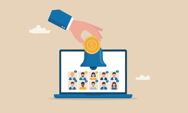 Subscription, custom online service and pay recurring price, membership payment to use software on content concept, customer hand put coin on subscription bell on laptop