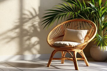Fototapeta premium Rattan chair with cushion and tropical plant in summer boho interior