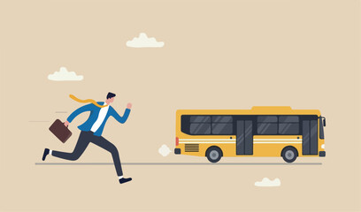 Left behind, exclusion or forgotten employee, failure or mistake to come late and miss the bus, opportunity concept, frustrated businessman late running catch the run away bus © Nazma