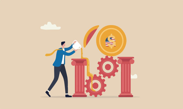 Financial or, polic to lubricate economy concept, businessman put lubricant oil on machine gear of opening money dollar coin