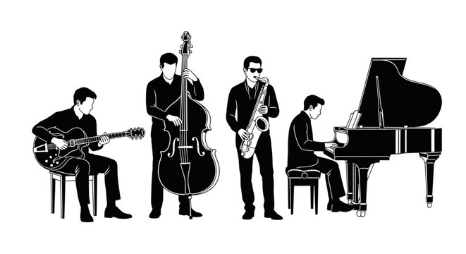 jazz band playing music on stage guitar double bass saxophone piano