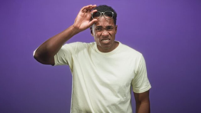 Man raising glasses with hand in studio, squinting with a grimace while adjusting eyewear against a purple backdrop and studying his face; confusion introspection.