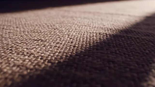 Close up burlap fabric with shadows, warm sunlight highlighting woven fibers and weave pattern, tactile macro detail, diagonal shadow across rustic upholstery, minimalist interior vibe, cozy serene