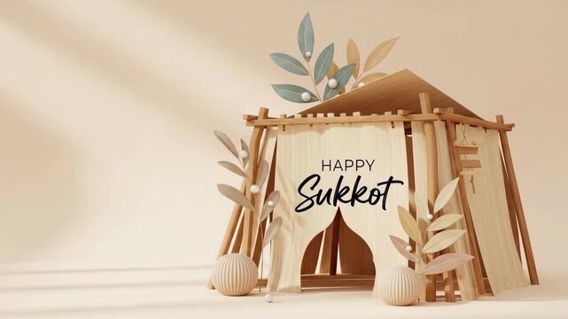 Paper craft sukkah hut with leaves and pearl fruits decoration. Traditional Jewish Sukkot booth for festival celebration. Holiday greeting concept in autumn harvest theme