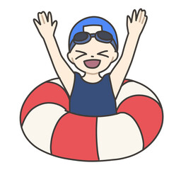 Smiling girl in a red and white swim ring with arms raised/赤白の浮き輪に入って両手を上げる笑顔の女の子