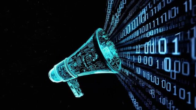 A futuristic megaphone made of digital circuits emits a stream of binary code. ..Created with Generative AI, not depicting real subjects.