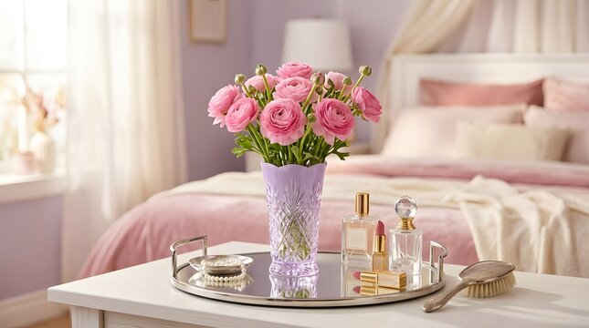 Elegant vanity table with pink roses and perfume bottles in a soft bedroom setting