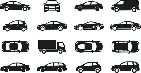 Car silhouette vector icon set side view top view front view vehicle collection isolated on white background for infographics © Limon