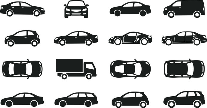 Car silhouette vector icon set side view top view front view vehicle collection isolated on white background for infographics