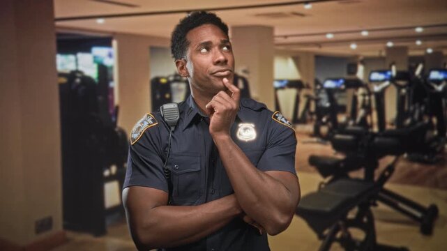 Man in police uniform with badge, finger to chin and folded arm in a gym building; thoughtful duty vigilance.