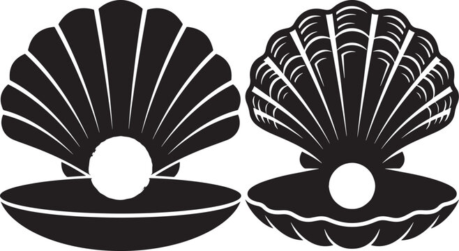 Black and white silhouette of two open seashells revealing pearls with seashell illustration shell illustration seashell