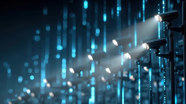 Rows of surveillance cameras monitor a digital matrix of blue light streams. ..Created with Generative AI, not depicting real subjects.
