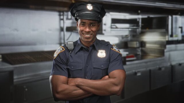 Man police officer smiling with arms crossed and radio mic on uniform in stainless steel restaurant kitchen building; duty pride.