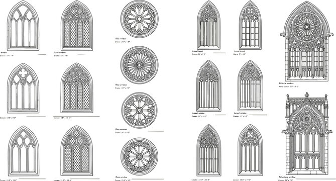 Architectural sheet of Gothic window designs featuring rose windows, lancet arches, tracery patterns and medieval cathedral elements