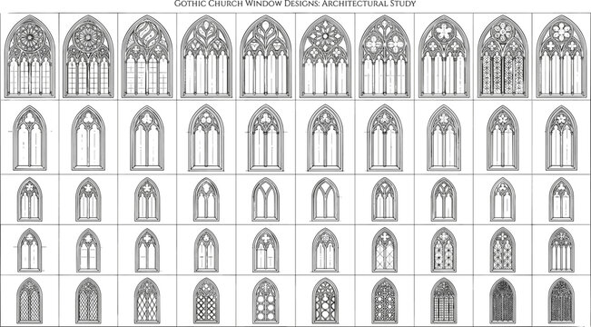 Architectural study of Gothic church window tracery designs with pointed arches, rose motifs, and ornate medieval patterns