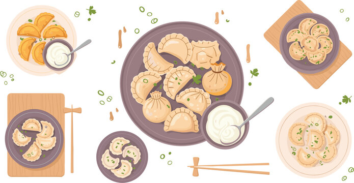Traditional dumpling dishes collection with sauce bowls and chopsticks top view vector illustration for Asian food menu design