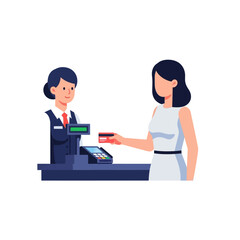 Obraz premium Woman paying with card at the checkout counter, shop illustration