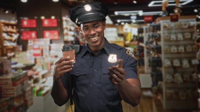 Man police officer holding coffee cup, hand extended offering in building; friendly community service.
