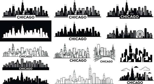 Collection of Chicago skyline illustrations with Willis Tower and city landmarks