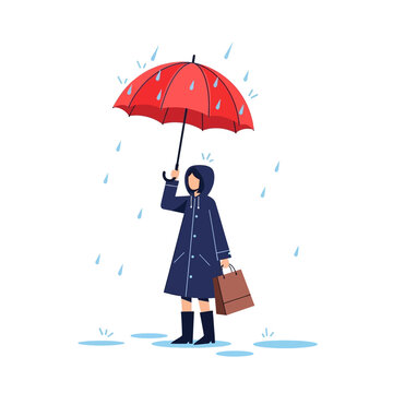 Woman shielding from rain under red umbrella, shopping bag illustration