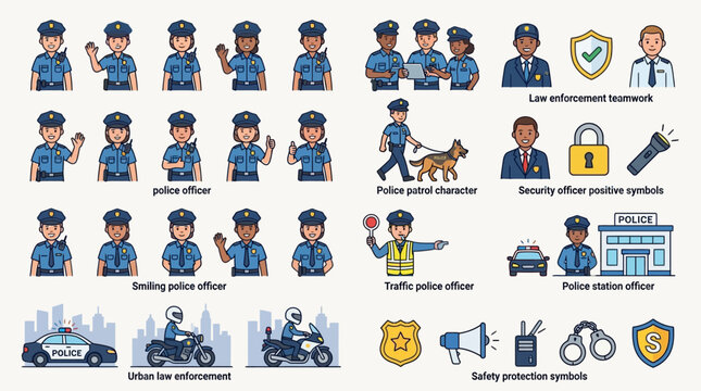 Police Officer Cartoon Characters Various Actions.