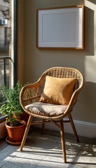 Fototapeta premium Sunlit balcony corner with wicker chair, potted herbs, and empty wall frame