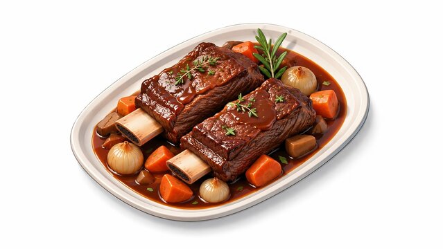 Modern isometric 3d short ribs illustration, premium braised beef ribs isolated food render for luxury culinary presentation