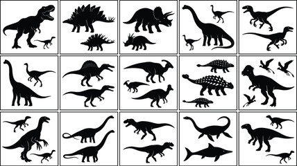 Collection of dinosaur silhouette illustrations including Tyrannosaurus, Stegosaurus, Triceratops, and Pterosaurs © Anonto